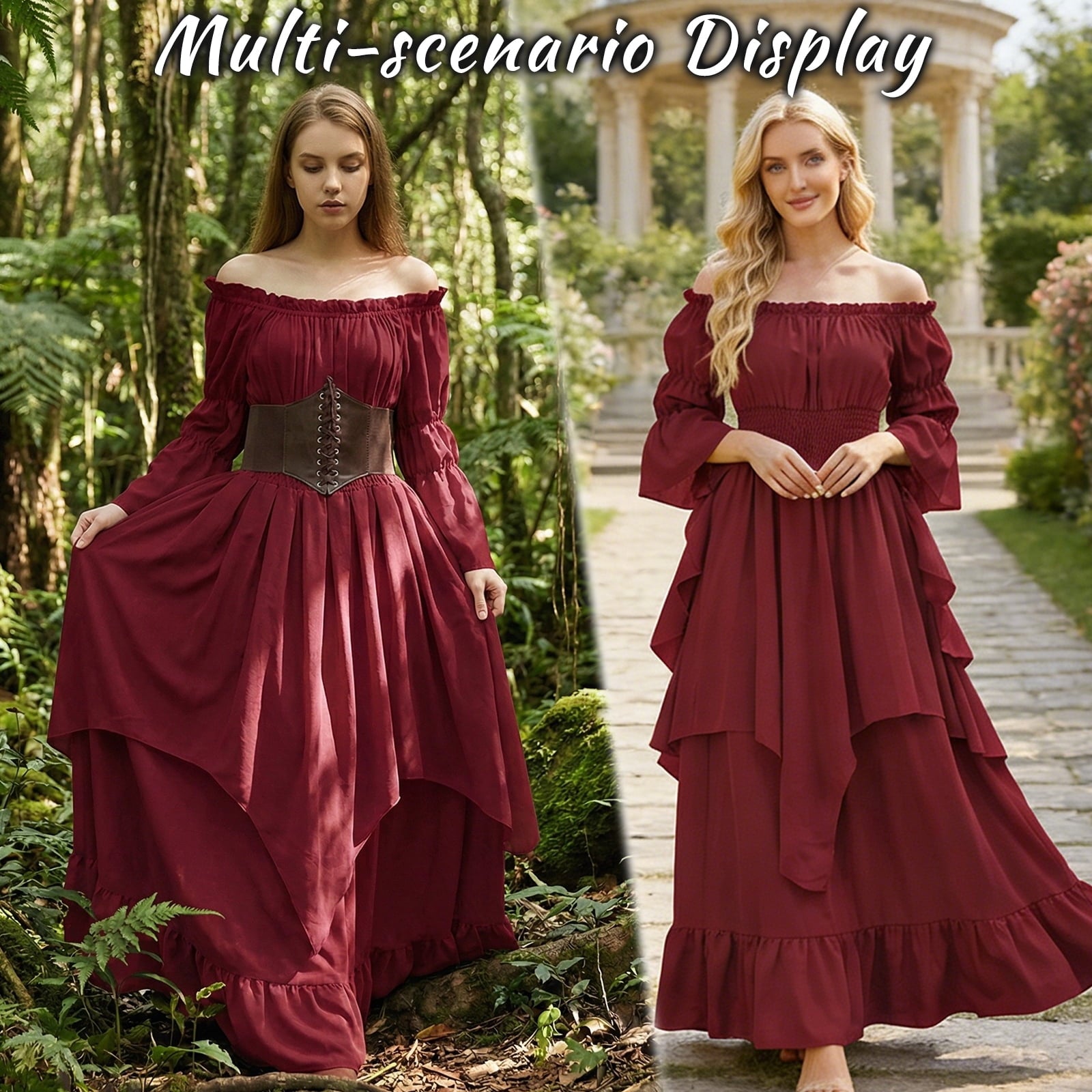 IROOZIGOTO Womens White Medieval Renaissance Maxi Dress Off Shoulder Long Flare Sleeve with Brown Lace Up Corset Belt Halloween Cosplay Costume