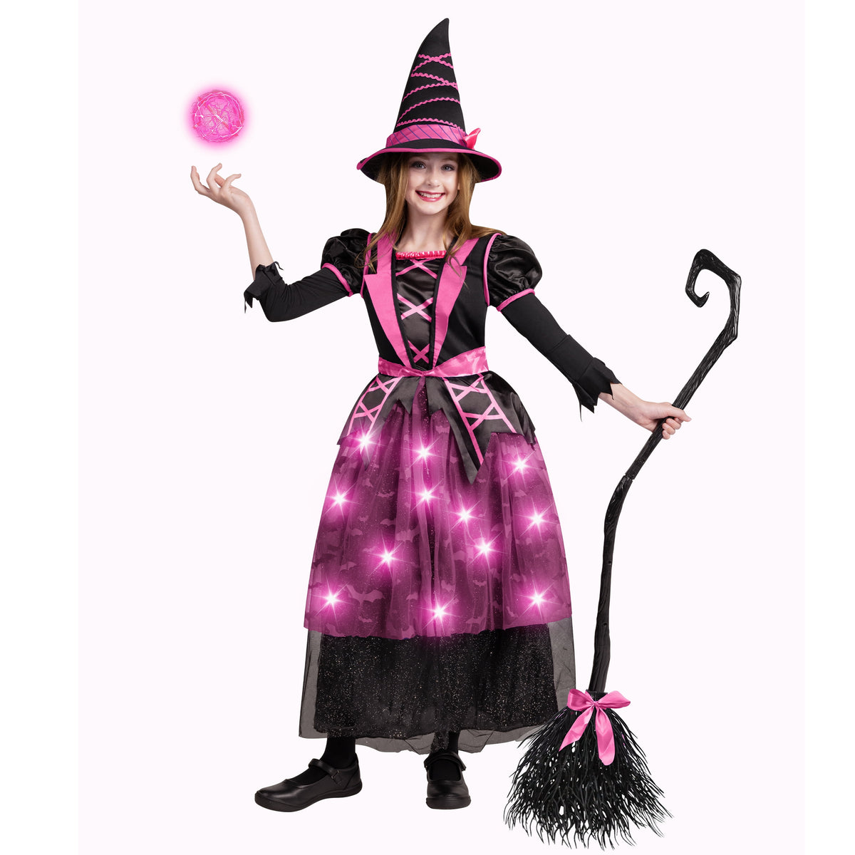 Joyfy Light up Witch Costume for Girls,Starry Witch Dress with Broom Hat for Kids and Toddlers, Perfect for Halloween Party Dress-up Cosplay Age 5-7