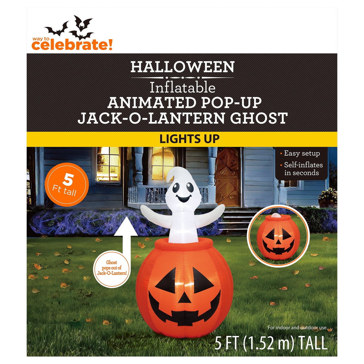 Animated Pop-Up Jack-o'-Lantern Ghost Airblown Yard Inflatable, Orange and White, 5', Halloween by Way To Celebrate