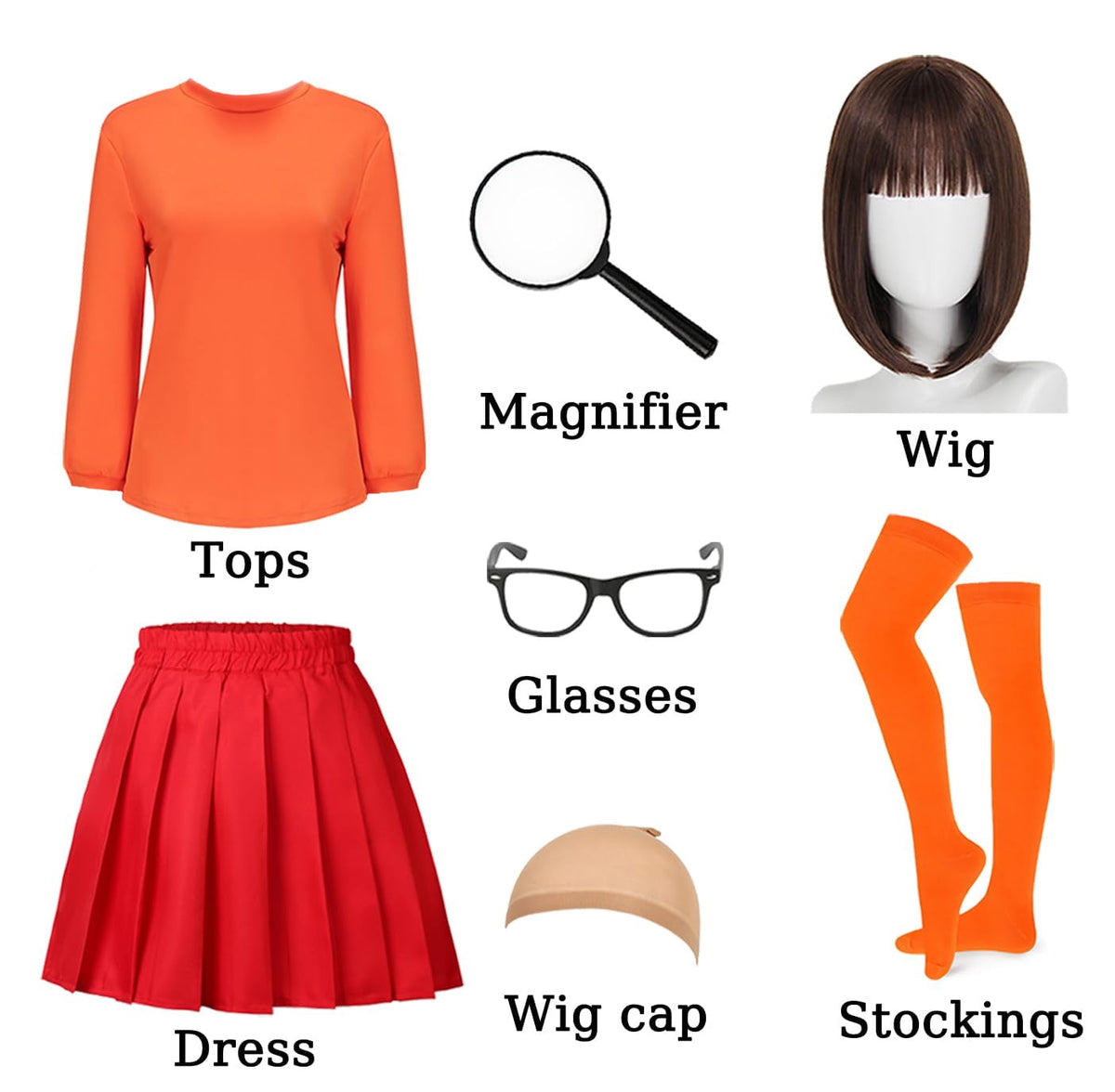 Couples Halloween Costumes for Women Velma Cosplay Outfit Orange Velma Costume with Mini Skater Skirt