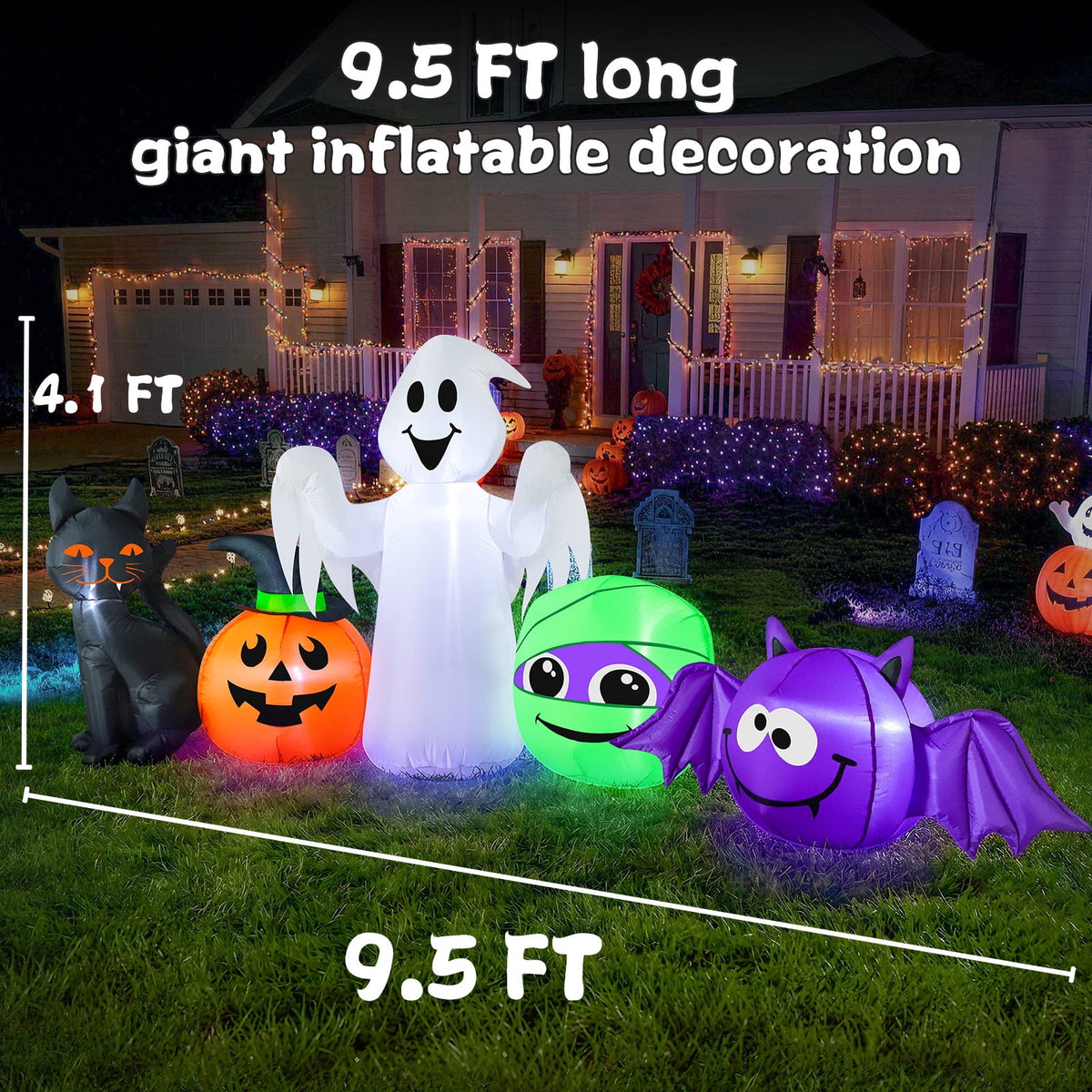 9.5 FT Halloween Inflatable Decorations: Pumpkin, Cat, Ghost, Mummies, Bats, Blow up Yard Decor Built-in LEDs, Inflatable Pumpkin for Outside, Yard, Party, Porch, Lawn