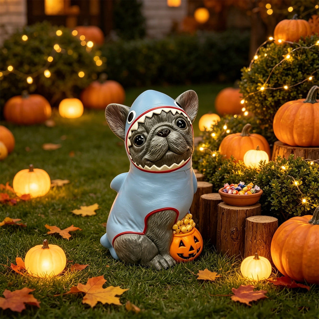 Gray Frenchie in Shark Costume Blow Mold, Halloween French Bulldog Statue with Light Up Pumpkin Decor, Cute Resin Outdoor Indoor Tabletop Dog Ornament, Entryway Patio Yard Decoration, 8"