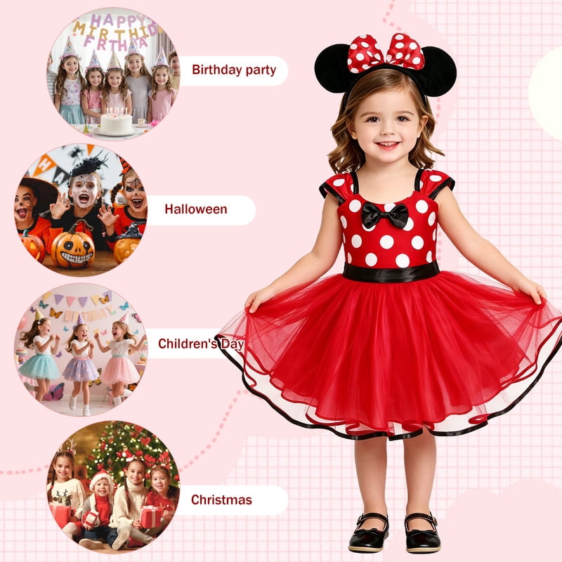 Jurebecia Girls Red Polka Dot Tutu Dress with Bow Headband, Baby Toddler Party Costume for Birthday & Cosplay (110 cm)