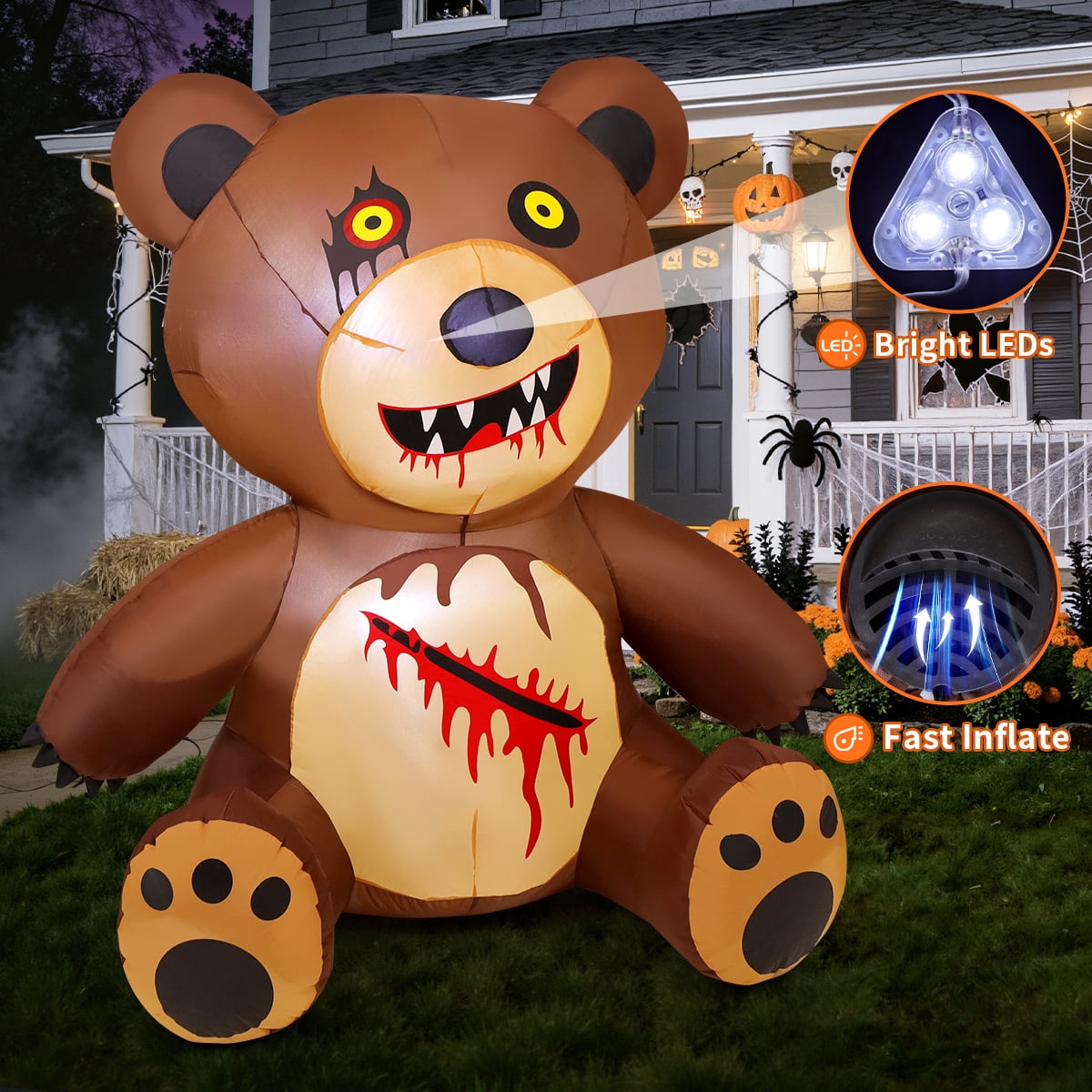 GOOSH Halloween Inflatables 5 FT Teddy Bear Inflatable with Build-in LEDs, Spooky Inflatable Halloween Bear Blow up Teddy Bear, Halloween Blow Up Decorations Clearance for Holiday Garden Lawn
