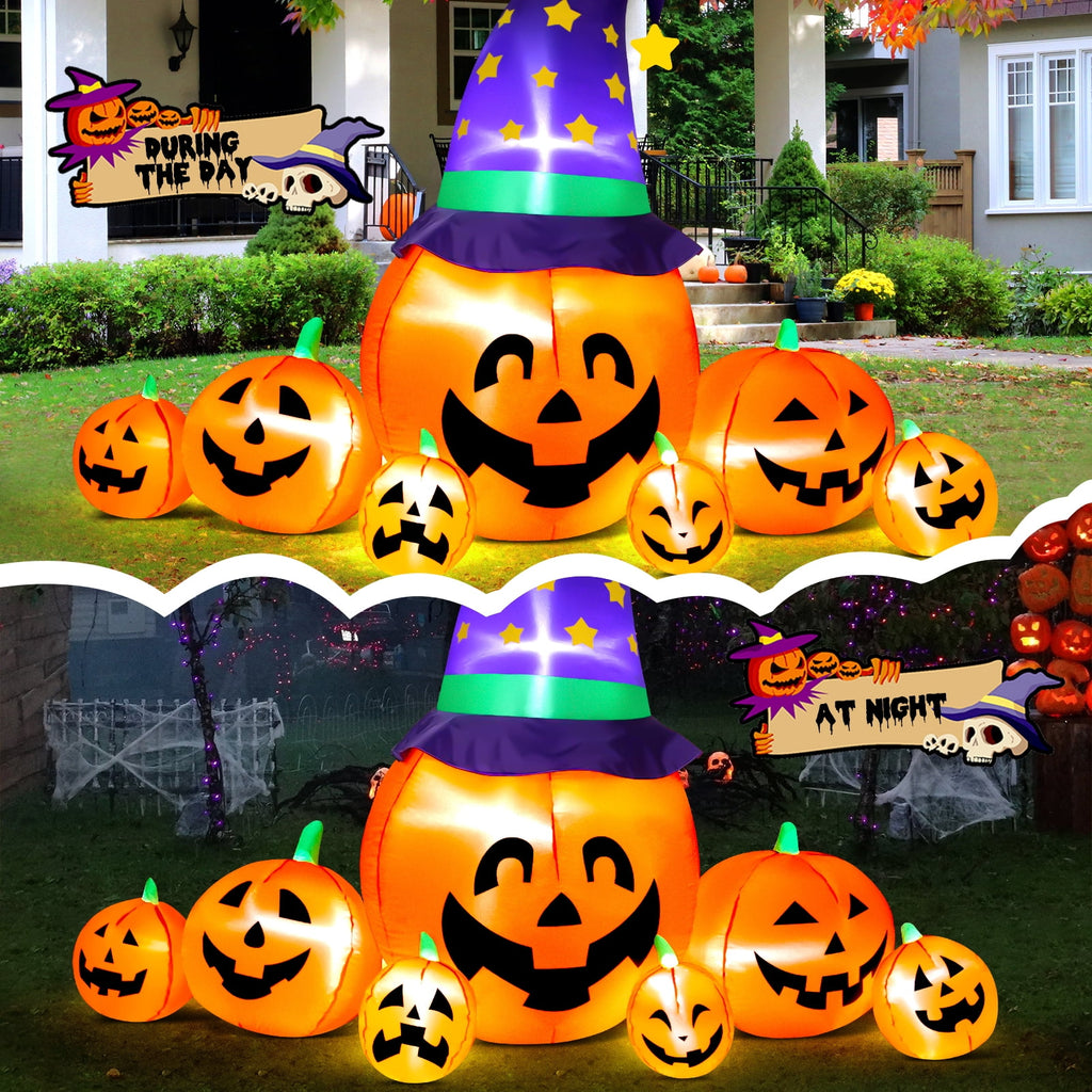 Yexmas 8.7ft Halloween Inflatables Pumpkins 7 Blow Up Decor with Witches Hat, Built-in LED Lights for Halloween Party, Yard, Garden, Lawn