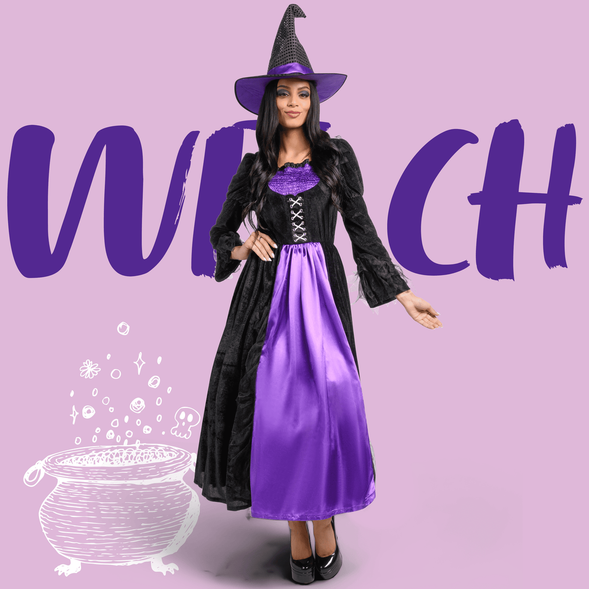 Joyfy Witch Costume for Women, Starry Witch Dress with Belt Hat for Adult Halloween Party Cosplay Dress up