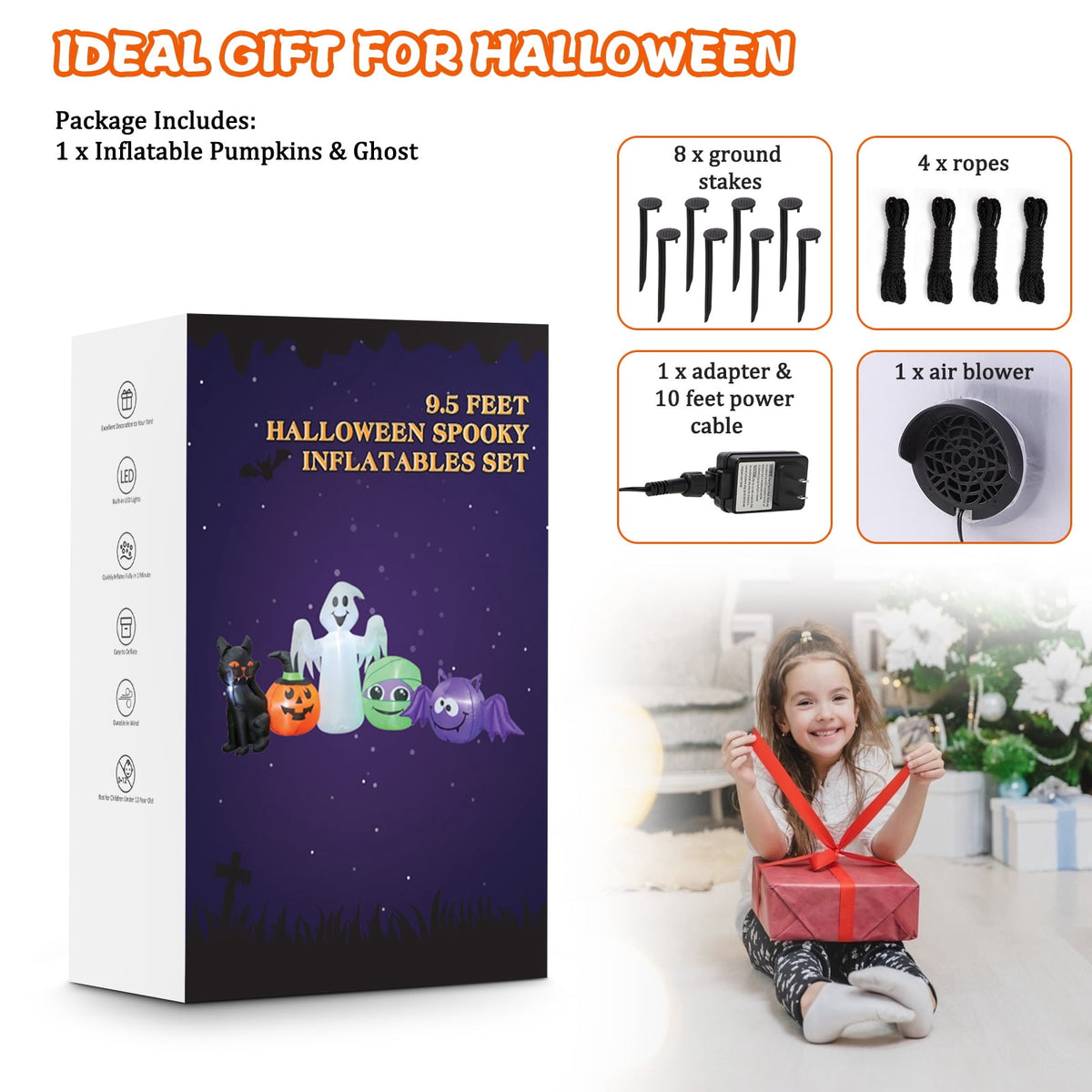 9.5 FT Halloween Inflatable Decorations: Pumpkin, Cat, Ghost, Mummies, Bats, Blow up Yard Decor Built-in LEDs, Inflatable Pumpkin for Outside, Yard, Party, Porch, Lawn