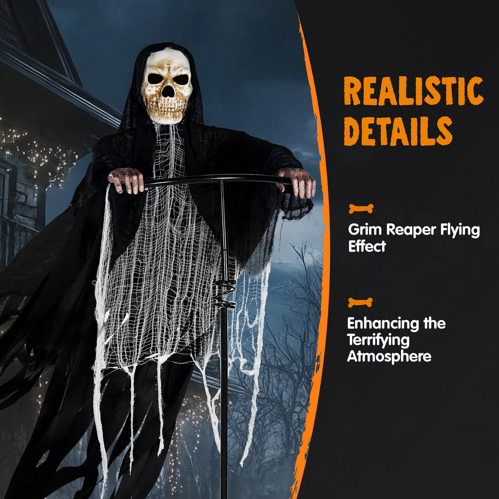 Joyfy 67" Standing Grim Reaper with Chain, Large Halloween Decorations Outdoor, Life Size Animatronics Skelton, Sound-Actived Party Decor with Creepy Sound & LED Eyes, Scary Haunted House Props