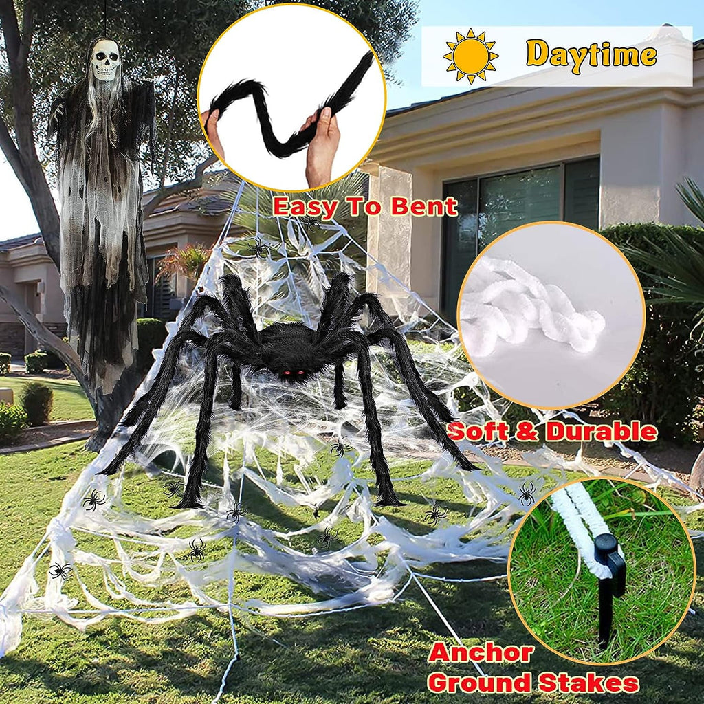 Spider Web Halloween Decorations Outdoor Lights, 200 Purple LED Light Up 16.4Ft Giant Spiderweb & 60" Large Spider & 20 Small Spiders, 8 Modes Lighted Decor for Yard Outside