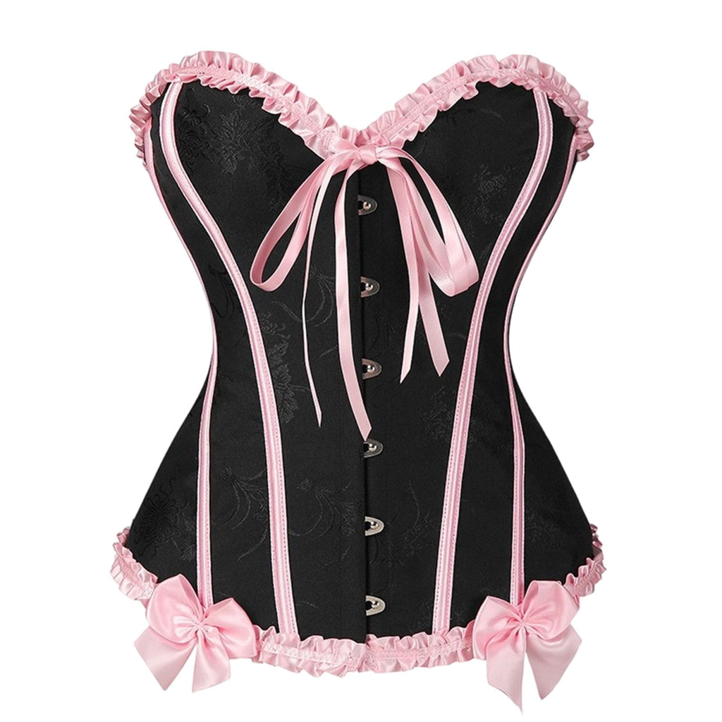 JOANKDMI Women's Chic Gothic Steampunk Corset Top with Ribbon Tie and Ruffle Trim Elegant Bustier for Pirate Roleplay and Vampire Halloween Dress Up Outfit