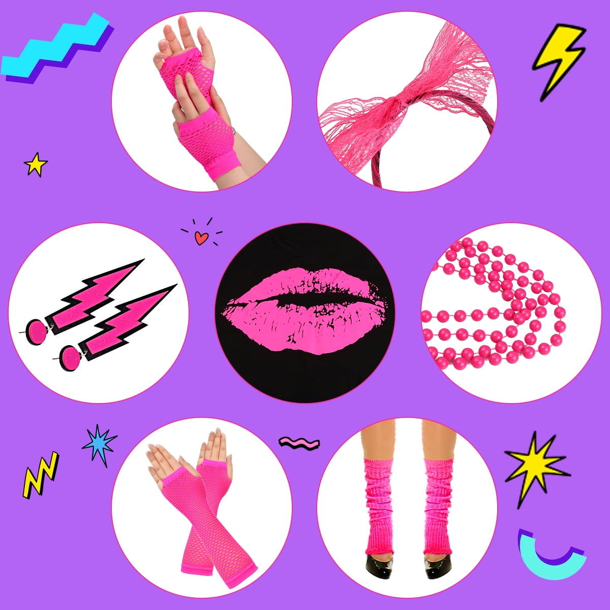80s Costume for Women,80's Off Shoulder T-Shirt Headband Earring Necklace Fishnet Gloves Legwarmers for Women 80s outfit for 80s Party 22PCS