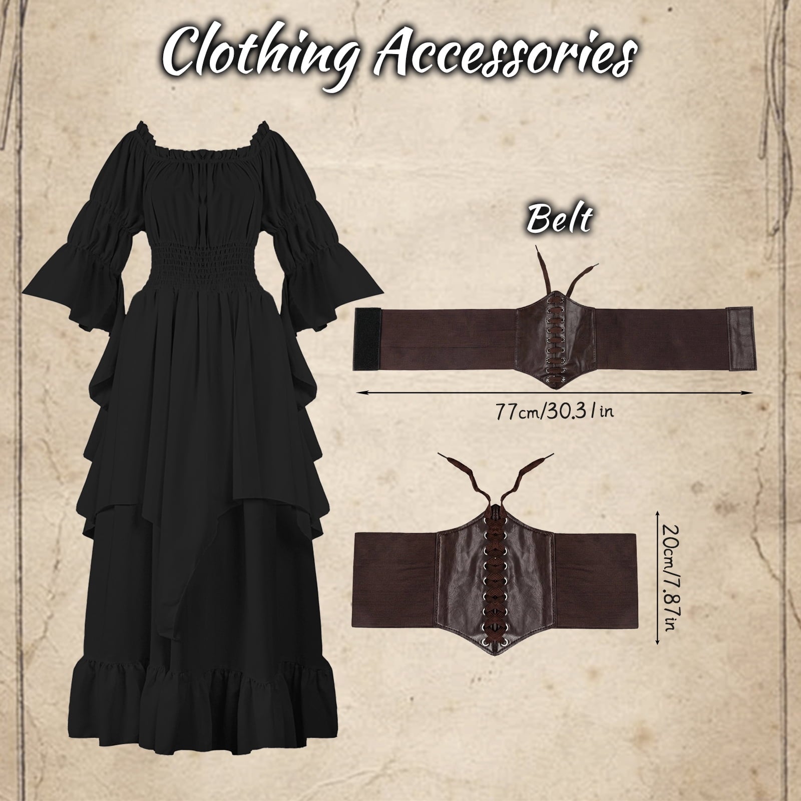 IROOZIGOTO Womens White Medieval Renaissance Maxi Dress Off Shoulder Long Flare Sleeve with Brown Lace Up Corset Belt Halloween Cosplay Costume