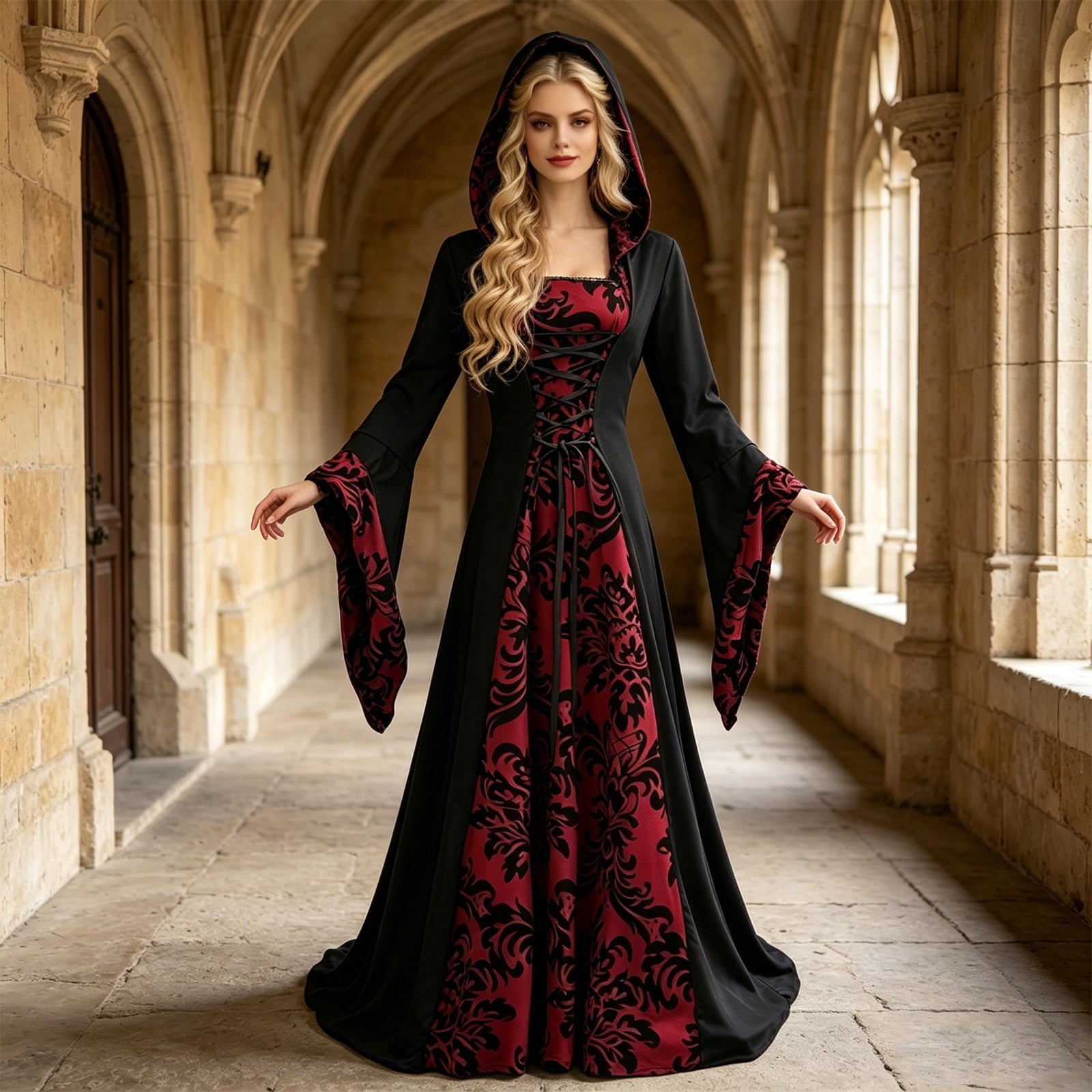 KICILVS Witch Costume Women Hooded Gothic Robe Corset Waist Bell Sleeve Maxi Length Damask Print Vampire Cloak Outfit White