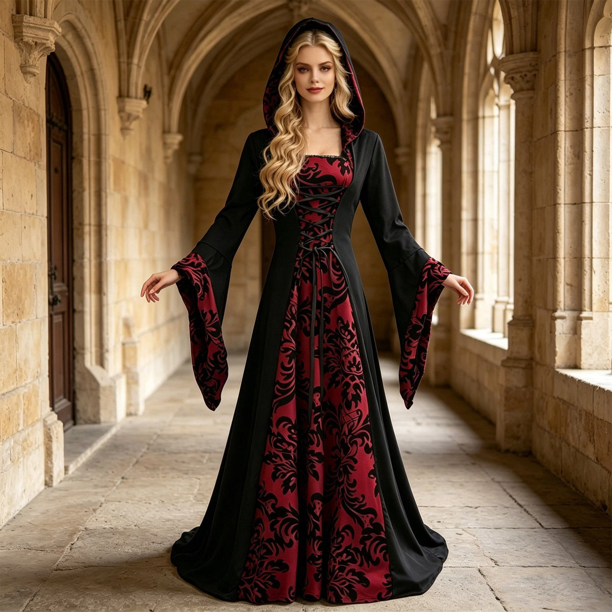 ZGRBOU Womens Vampire Witch Dress Halloween Cosplay Costumes Masquerade Hooded Gown Dress Medieval Gothic Dress Plus Size