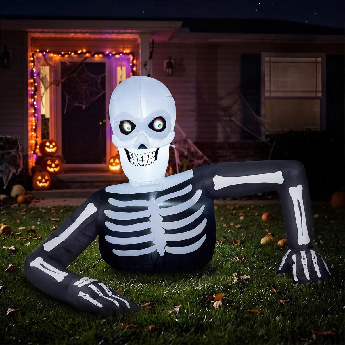 Joyfy 5.5ft Halloween Inflatables Long Light Up Skeleton Ground Breaker Halloween Inflatables Outdoor Decorations,Blow up Halloween Yard Decorations