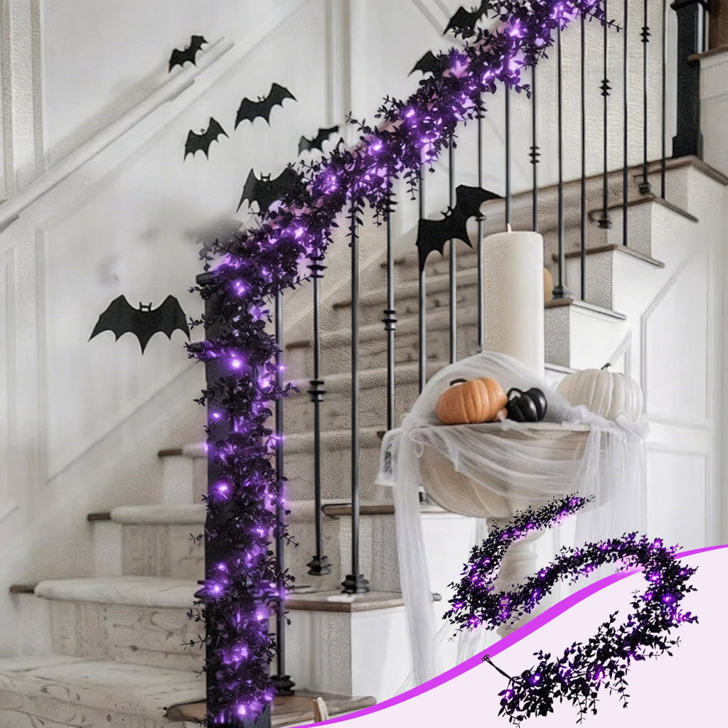 Halloween Garlands with Lights, 5.8 Ft Black Eucalyptus Garlands, Artificial Hanging Plants Vines, Faux Ferns Plant Fake Leaves Ivy Flowers Garlands for Garden Home Party Halloween Decorations Indoor