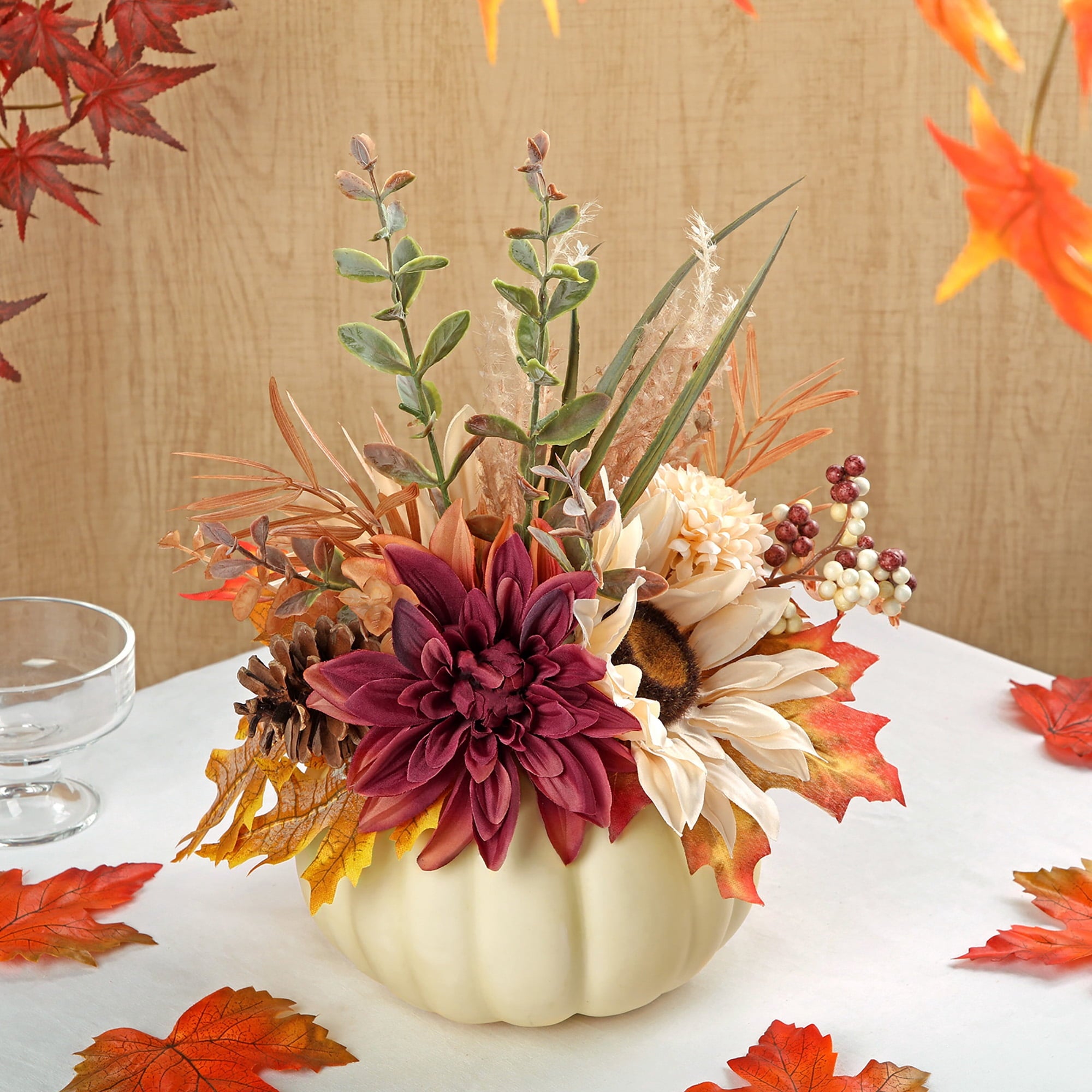 Briful 12.9"Artificial Pumpkin Floral Arrangement with Orange Sunflowers Leaves Fall Table Centerpiece for Harvest Autumn Décor