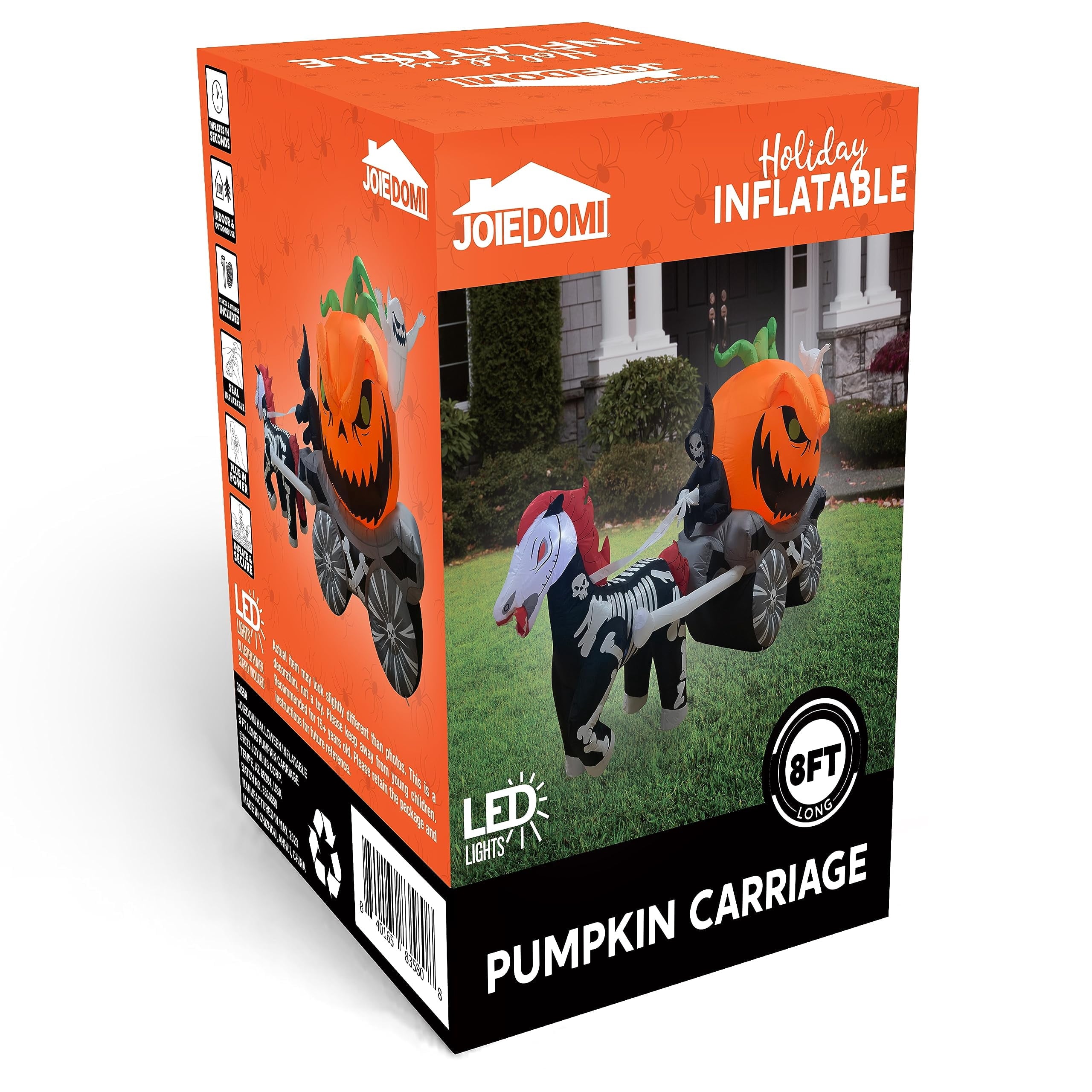 Joyfy 8ft Long Halloween Inflatables Outdoor Decorations,Spooky Pumpkin Carriage with Built-in LEDs,Blow Up Halloween Decoration for Yard
