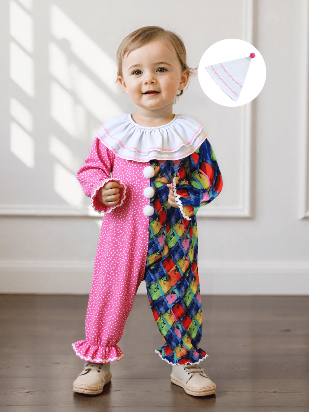 RUINIXCW Kids Toddler Baby Girl Boy Halloween Outfit Clown Costume Infant Baby Girl Boy Romper Birthday Photoshoot Outfit Contrast Color Long Sleeve Jumpsuit Hat