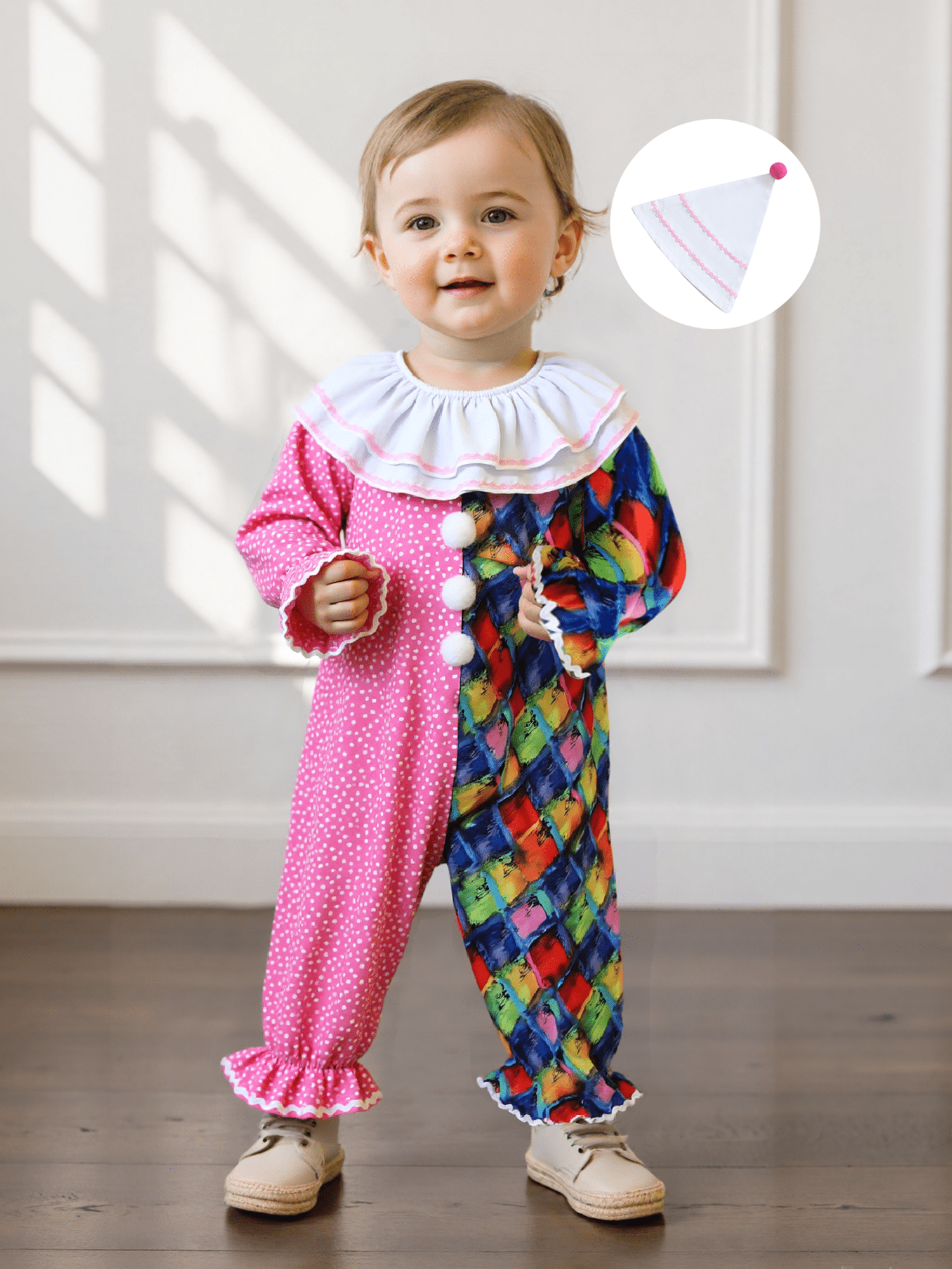 RUINIXCW Kids Toddler Baby Girl Boy Halloween Outfit Clown Costume Infant Baby Girl Boy Romper Birthday Photoshoot Outfit Contrast Color Long Sleeve Jumpsuit Hat
