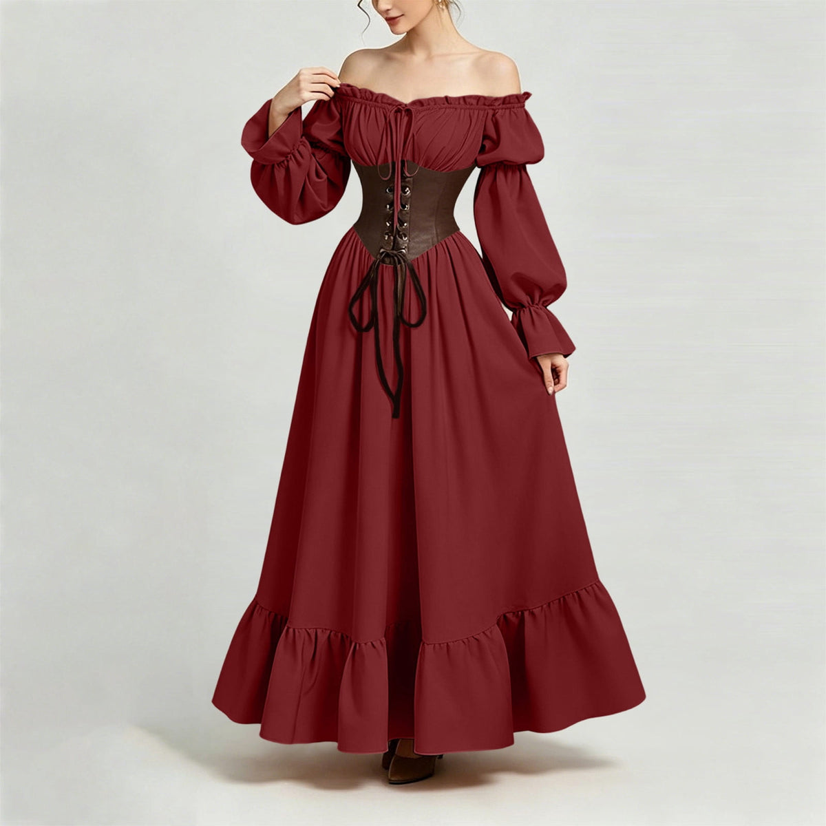 QATAINLAV Renaissance Costume Women Vintage Medieval Dress Cold Shoulder Short Sleeve Peasant Pirate Irish Maxi Dresses, Black, L