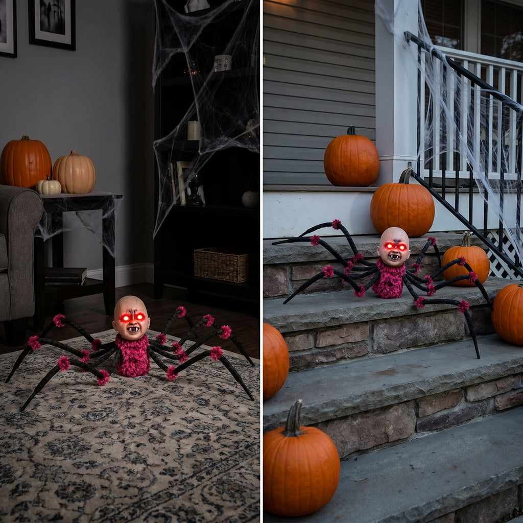 Halloween Animated Walking Spider Prop, Touch Activated Scary Baby Head Decoration with Flashing Red Eyes, Eerie Sounds and Poseable Legs for , Yard, and Party Display