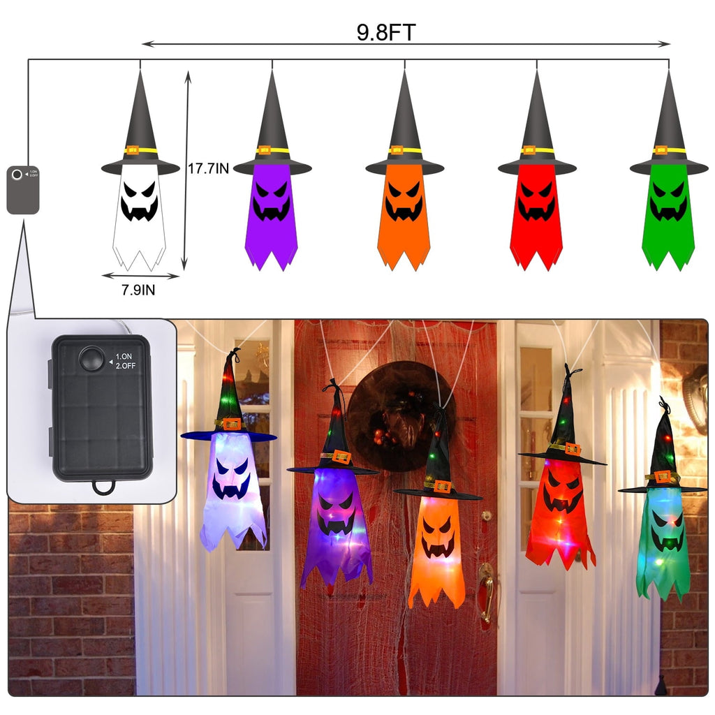 5Pcs Halloween Hanging Witch Hat String Lights, Waterproof LED Halloween Decorations, Battery Operated Colorful Glowing Witch Hat Lights for Yard Tree Porch Garden, Halloween Outdoor Decor