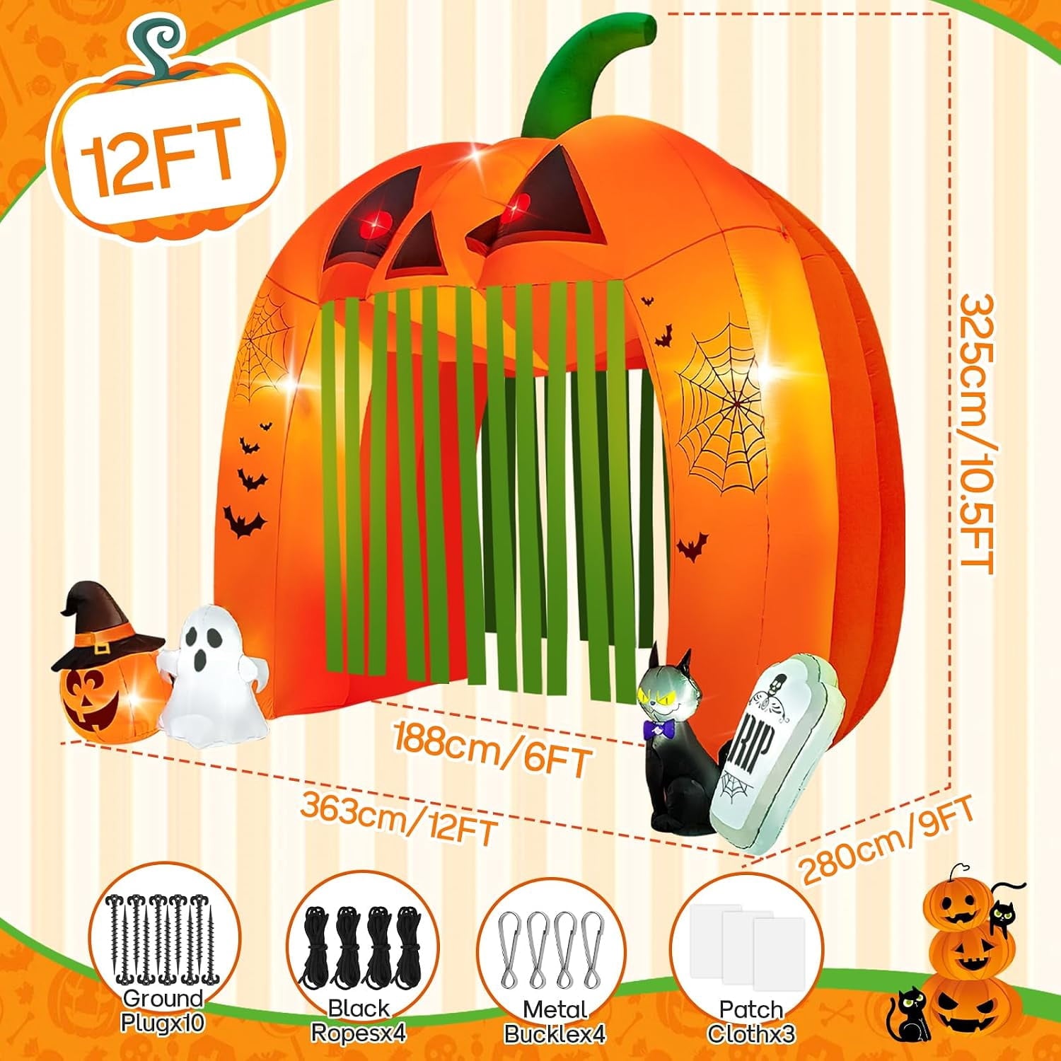 Kalolary 12FT Halloween Inflatable Pumpkin Tunnel Archway, Walk-Through Haunted House with Ghost, Cat & Tombstone for Outdoor Yard Decoration