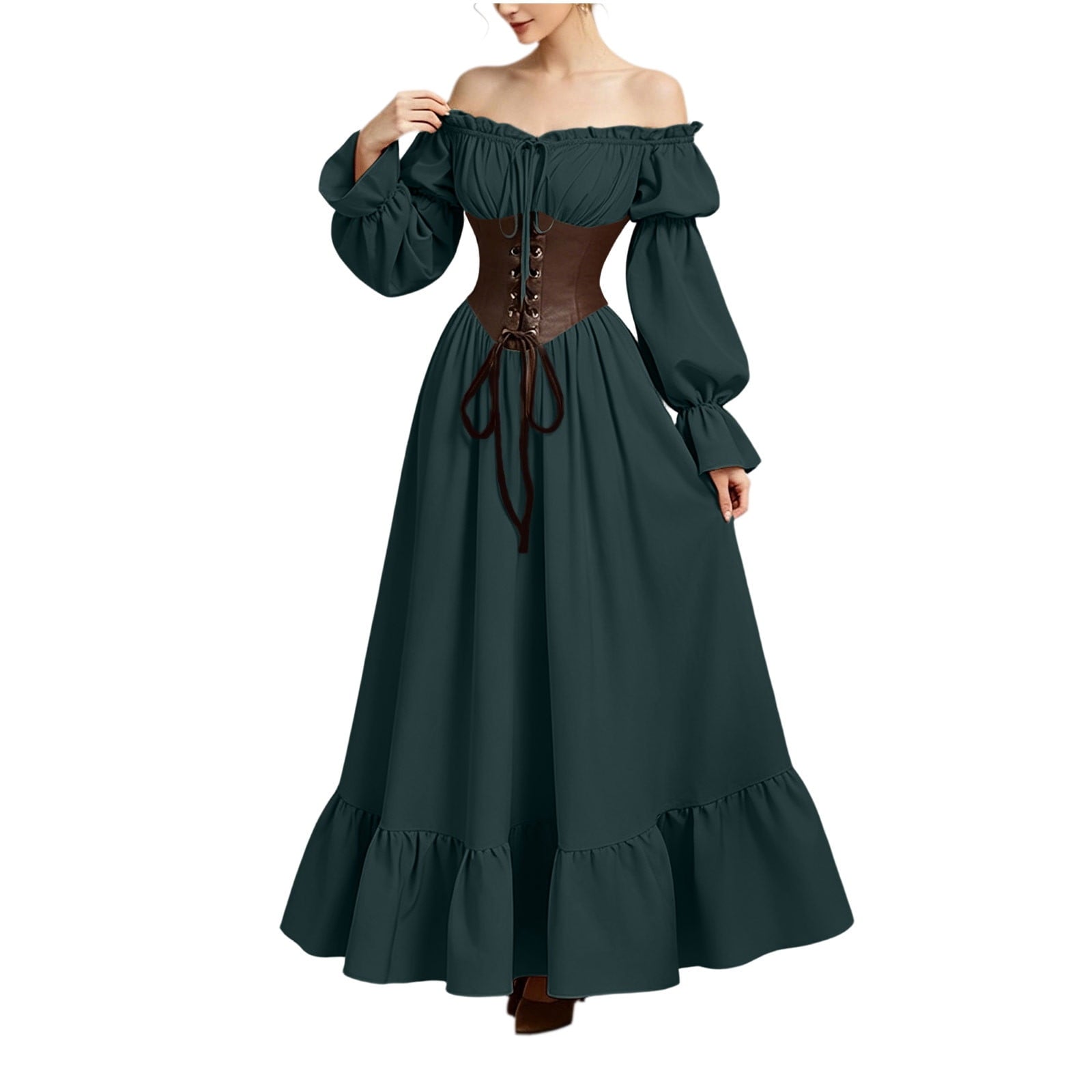 QATAINLAV Renaissance Costume Women Vintage Medieval Dress Cold Shoulder Short Sleeve Peasant Pirate Irish Maxi Dresses, Black, L