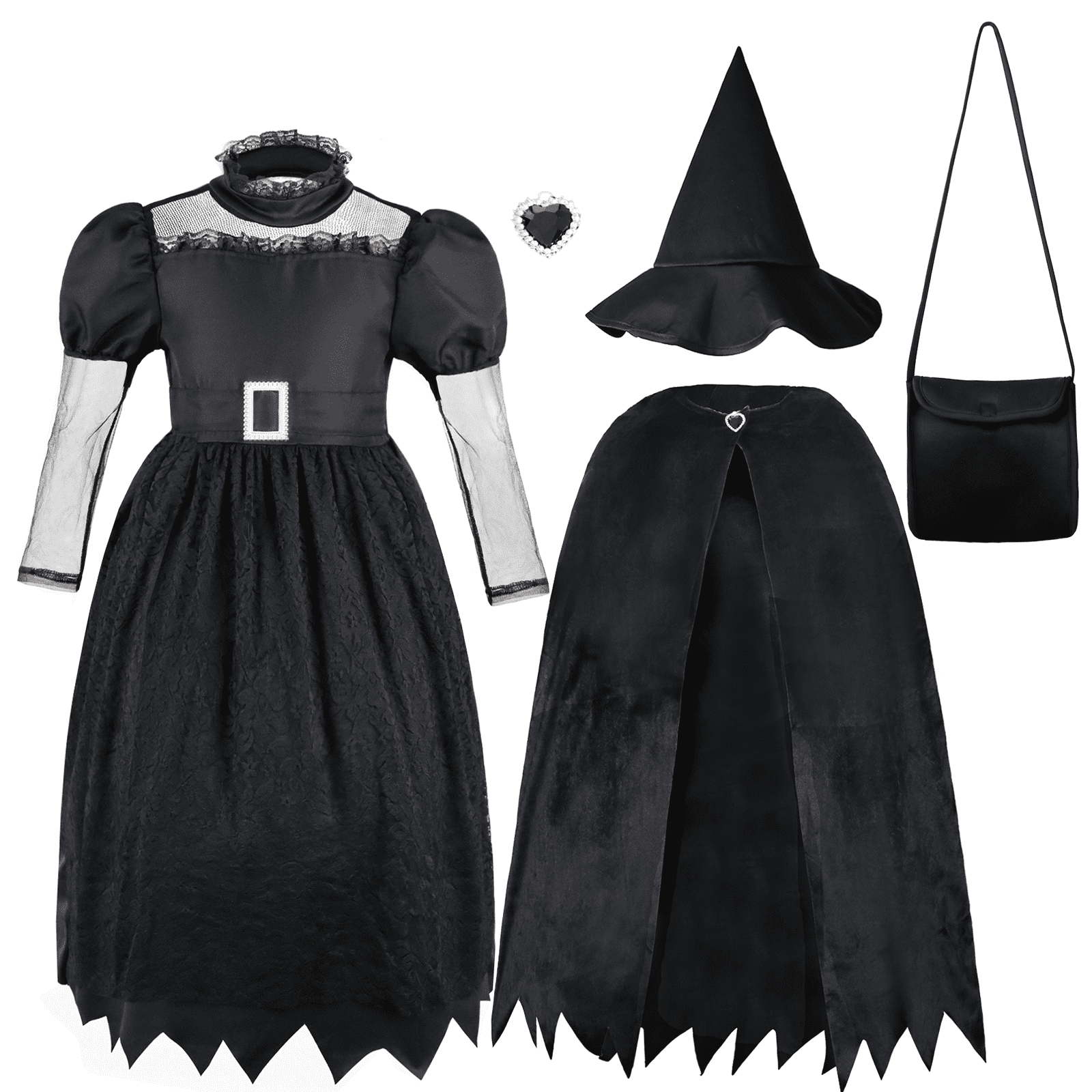 Girls Deluxe Witch Costume, 4 Pcs Dress Hat Cape Bag Velvet Black Suit for Kids Halloween Party Fancy Dress Up 4-6Y
