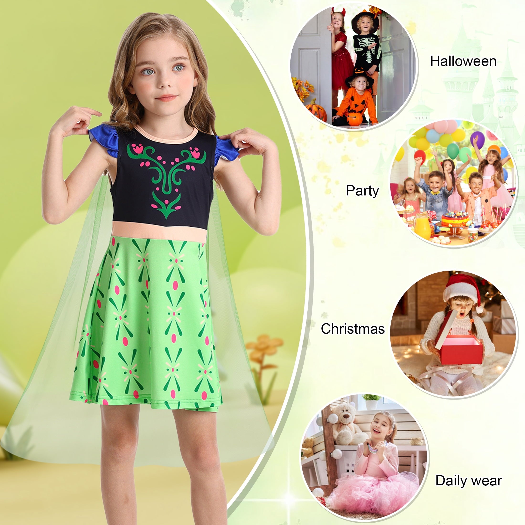 Benylion Girls Ice Princess Dress Halloween Cosplay Costumes With Tulle Cape Kids Birthday Party Dress up Outfit for 7-8 Years
