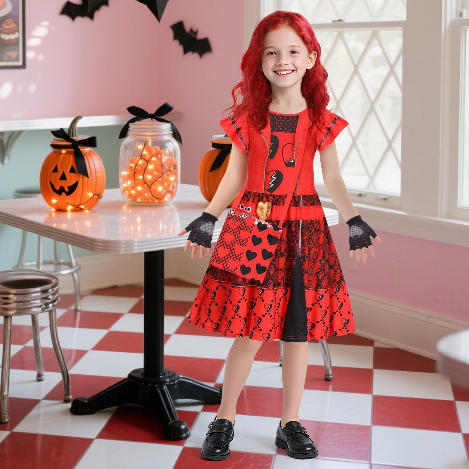4 Piece Girls Red Heart Vampire Descendants Costume Dress with Wig Gloves Bag Full Set,Red Princess Dress Fancy Party Outfits(130CM)