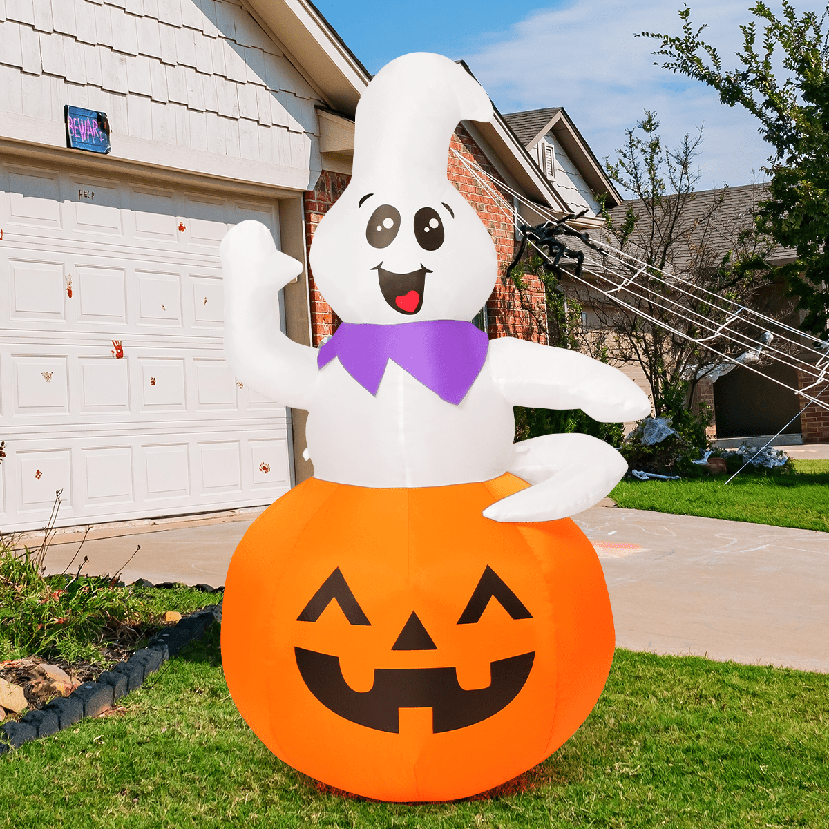 GOOSH Halloween Inflatable 5 FT Pumpkin Ghost Inflatable, Cute Ghost Pumpkin Inflatable Halloween Blow Up Decorations with LED Lights, Outdoor Halloween Decorations Clearance for Halloween/Holiday