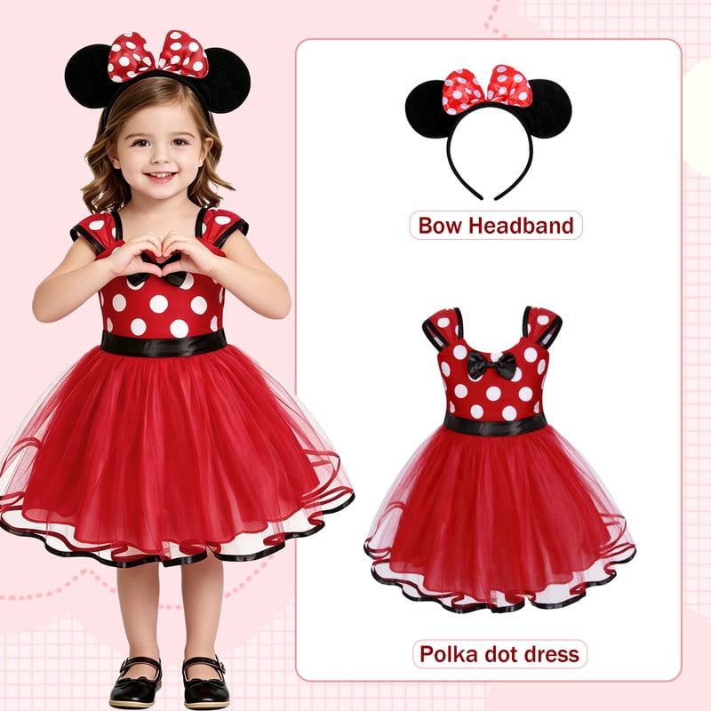 Jurebecia Girls Red Polka Dot Tutu Dress with Bow Headband, Baby Toddler Party Costume for Birthday & Cosplay (110 cm)
