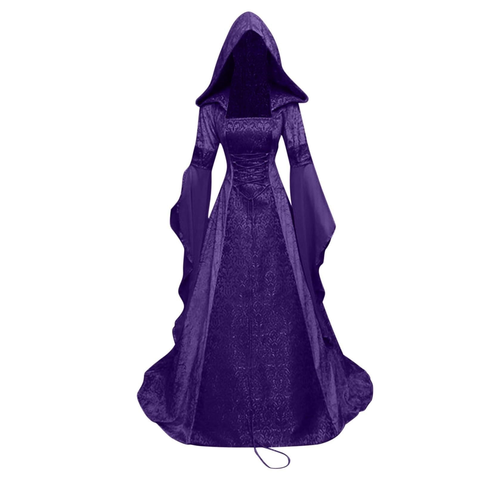 Women Gothic Cold Shoulder Midi Dress, Sheer Flare Bell Sleeve Front Corset Irregular Witch Costume Dress, Adult Halloween Dark Aesthetic Vintage Formal Evening Cosplay Party Outfit(Navy-2/M)