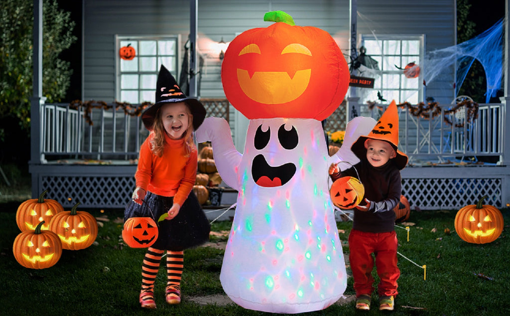 5FT Halloween Inflatable Pumpkin with 360° Rotating LED Lights, Outdoor/Indoor Decor